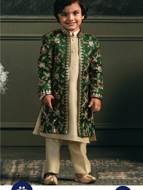 Kids Green Embroidered Silk Sherwani Set -Boys Embroidered Green Sherwani Jacket